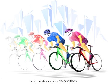 Vector illustration of colorful abstract cyclists sprinting on road with modern polygonal city background, concept of speed, teamwork, and urban sports dynamics.