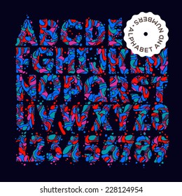 Vector illustration of colorful abstract letters and numbers with pattern, design elements.
