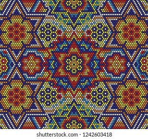 Vector Illustration Of Colorful Abstract Seamless Pattern With Mexican Huichol Art Style 