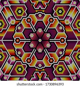 vector illustration of colorful abstract seamless pattern inspired in mexican huichol art style. Can be tiled