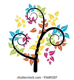 Vector illustration of a colorful, abstract tree with leaves in four different colors.