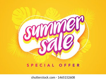 Vector Illustration Colorful AbstractSummer Sale Banner Template. With Silhouettes Of Tropical Leaves.