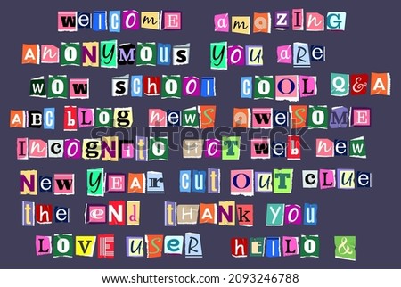 Vector illustration of colorful alphabet with lowercase and uppercase letters and numbers made in newspaper style isolated on purple background