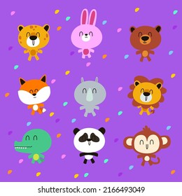 vector illustration of colorful animal collection in cute cartoon style