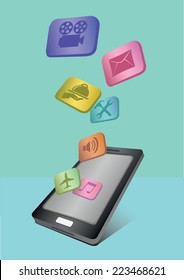 Vector illustration of colorful app icons flying out of a black mobile phone isolated on green background. Fantasy concept for technology come to life.