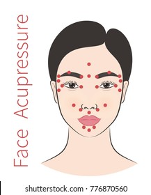 Vector illustration: a colorful asian female face icon with Face Acupressure instruction  isolated on white background