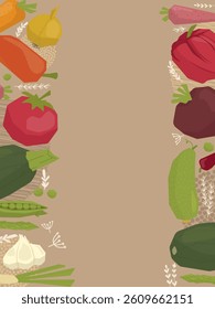 Vector illustration of a colorful assortment of vegetables forming a border on a brown background. Various veggies, including carrots, peppers, and tomatoes, create a vibrant frame.