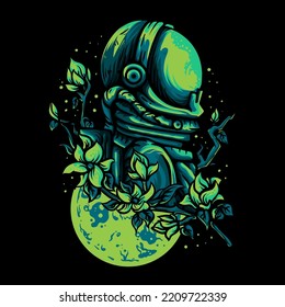 Vector Illustration Colorful Astronaut Half Body On Space With Moon Background Vintage Illustration