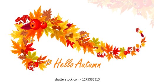Vector illustration of colorful autumn fall leaves and berries. Forest design elements with oak, apples, maple, ginko, ash, chestnut, poplar, acorn. Autumn background for frame, banners, web, postcard