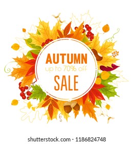 Vector illustration of colorful autumn fall leaves and berries. Forest design elements with oak, apples, maple, ginko, ash, chestnut, poplar, acorn. Autumn SALE background for frame, banners, web