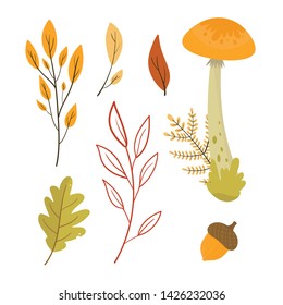 Vector illustration colorful autumn leaves and mushrooms. Fall season. Forest. Simple cartoon flat style. Vector illustration