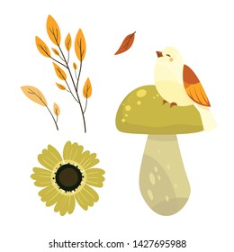 Vector illustration colorful autumn leaves and mushrooms. Fall season. Forest. Simple cartoon flat style. Vector illustration