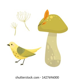Vector illustration colorful autumn leaves and mushrooms. Fall season. Forest. Simple cartoon flat style. Vector illustration