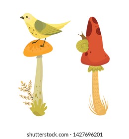 Vector illustration colorful autumn leaves and mushrooms. Fall season. Forest. Simple cartoon flat style. Vector illustration