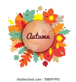 Vector illustration of colorful autumn leaves arranged in circle. 