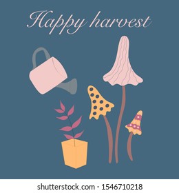 Vector illustration with colorful autumn mushrooms, flowers and watercan, perfect to use on the web or in print