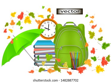 Vector illustration of colorful autumn school facilities study, the school set the leaves and umbrella