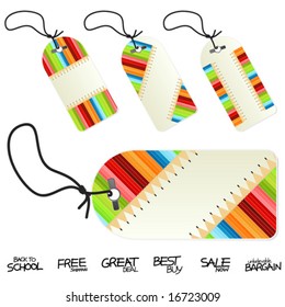 Vector illustration of colorful back to school conceptual retail tags or labels. Four versions. Hand written retail text labels.