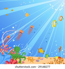 Vector illustration of Colorful background with creatures of the seas. Friendly kids style.