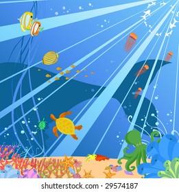 Vector illustration of Colorful background with creatures of the seas. Friendly kids style.