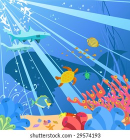 Vector illustration of Colorful background with creatures of the seas. Friendly kids style.