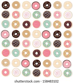 Vector illustration of a colorful background made up of colorful donuts.
