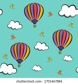 Vector illustration of colorful balloons, clouds and birds on a blue sky. Seamless pattern can be used for texture, wallpaper, web page, background, textile, etc.