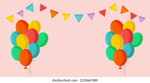 Ilustración vectorial de globos y banderas de colores. Grupo de coloridos globos de helio fondo rosado. Balón para la decoración de las fiestas. Postal	
