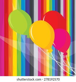 A vector illustration of colorful balloons set on a rainbow stripes background.