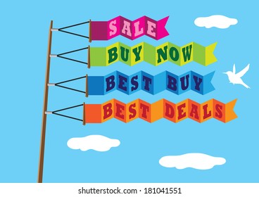 Vector illustration of colorful banner flags with commercial sales messages for advertisements flying in outdoor.