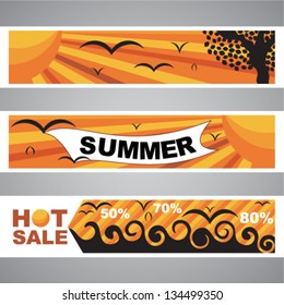 Vector illustration of colorful banners set with tropical summer designs