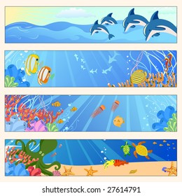 Vector illustration of Colorful banners set with creatures of the seas. Friendly kids style.