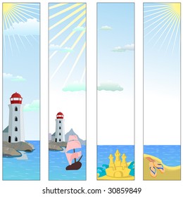 Vector illustration of Colorful banners set with  lighthouse on a beach with boat and reflective sea water
