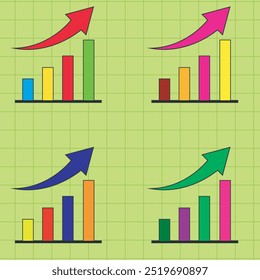 Vector illustration of colorful bar graph with rising arrow, depicting positive growth. There are four color variations.