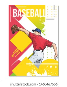 Vector illustration of colorful baseball sport poster on abstract background. Baseball player, pitcher throwing the ball