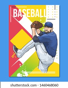 Vector illustration of colorful baseball sport poster on abstract background. Baseball player, pitcher preparing to throw the ball