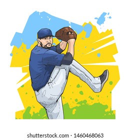 Vector illustration of colorful baseball sport poster on abstract background. Baseball player, pitcher preparing to throw the ball