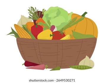 Vector illustration of a colorful basket filled with fresh vegetables including corn, cabbage, peppers, and pumpkin. Ideal for representing healthy eating and farm produce themes.