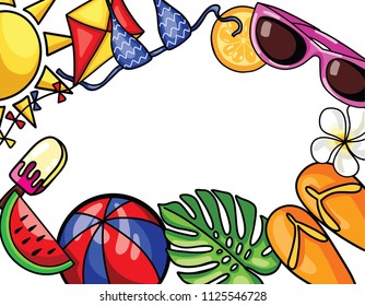 VECTOR illustration with colorful beach elements in frame background for summer season.