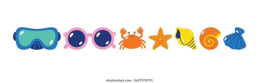 Vector illustration of colorful beach essentials, perfect for summer vacation projects and holiday themes. Cute cartoon style.