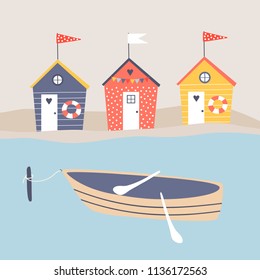 Vector illustration with colorful beach huts on the shore and boat.