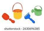 Vector illustration of colorful beach toys including bucket, rake, shovel and watering can on white background. Summer vacation and outdoor play concept for children in a playful hand drawn style