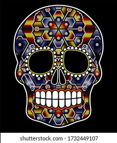 ilustración vectorial del cráneo colorido con abalorios inspirado en el arte huichol mexicano y el cráneo azucarero tradicional de México. Símbolo popular de "dia de muertos". Aislado sobre fondo negro