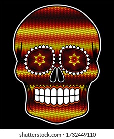 vector illustration of colorful beaded skull inspired in mexican huichol art and traditional sugar skull from Mexico. Popular symbol of "dia de muertos". Isolated on black background