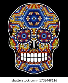 vector illustration of colorful beaded skull inspired in mexican huichol art and traditional sugar skull from Mexico. Popular symbol of "dia de muertos". Isolated on black background