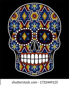 vector illustration of colorful beaded skull inspired in mexican huichol art and traditional sugar skull from Mexico. Popular symbol of "dia de muertos". Isolated on black background