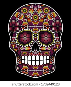 vector illustration of colorful beaded skull inspired in mexican huichol art and traditional sugar skull from Mexico. Popular symbol of "dia de muertos". Isolated on black background