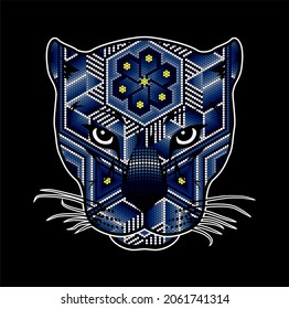 vector illustration of colorful beaded wild cat head which could be a jaguar, cougar, leopard, etc. Inspired in mexican huichol art. Isolated on black background.