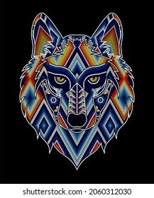 vector illustration of colorful beaded wolf head inspired in mexican huichol art. Isolated on black background.