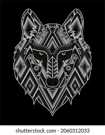 vector illustration of colorful beaded wolf head inspired in mexican huichol art. Isolated on black background.